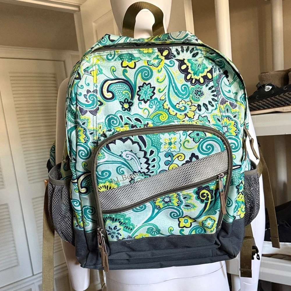 LL Bean Deluxe Book Bag Pack Backpack Travel School Green Teal Nylon Like New